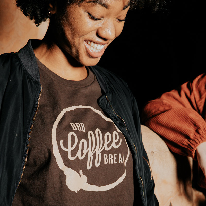 woman wearing BRB Coffee Break t-shirt